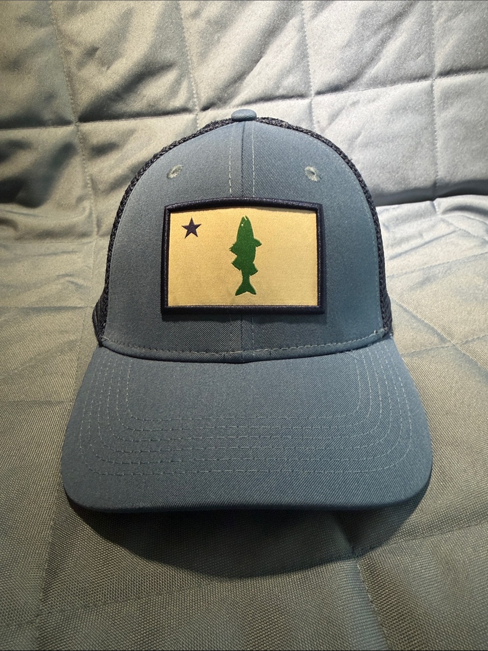 Old Maine Outfitters Blue Trucker Hat with Fish Patch.